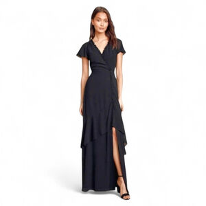 Lulu's Flutter Sleeve Black Ruffled Backless Maxi Chiffon Cocktail Party Dress M